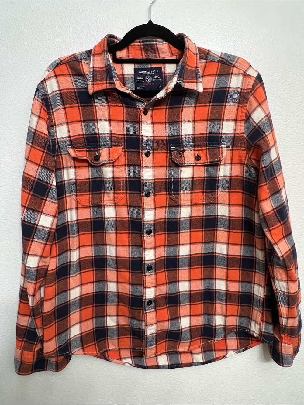 American Eagle Outfitters Orange and Navy Plaid Button-Up Shirt - Men